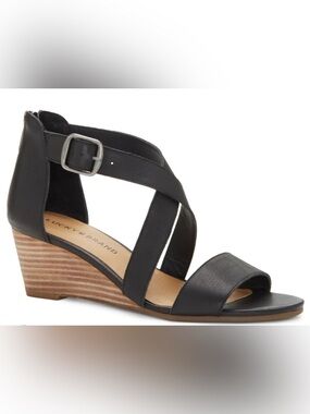 LUCKY BRAND Jenley Wedge Sandals Women's Sz 6.5M Black Leather Open Toe Shoe